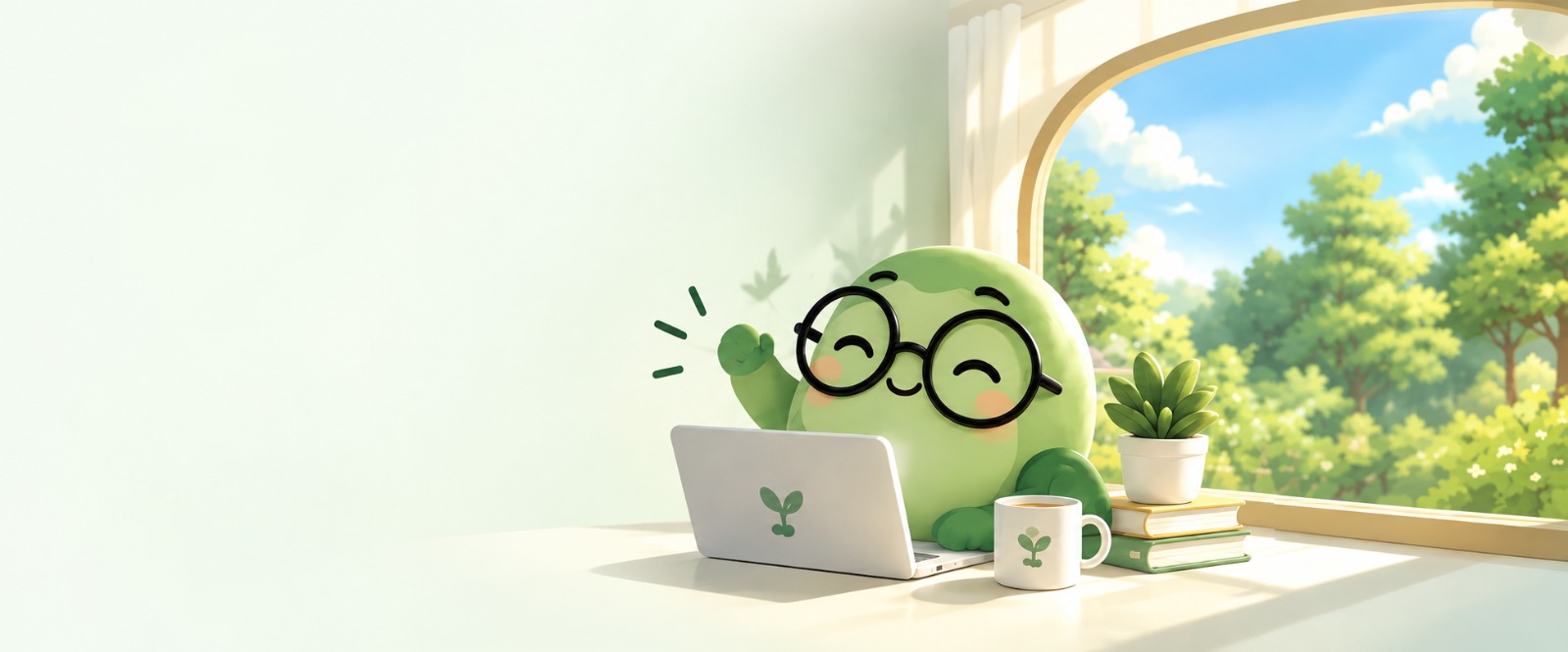 Maskot Tatakas tersenyum sambil mengelola keuangan di depan laptop